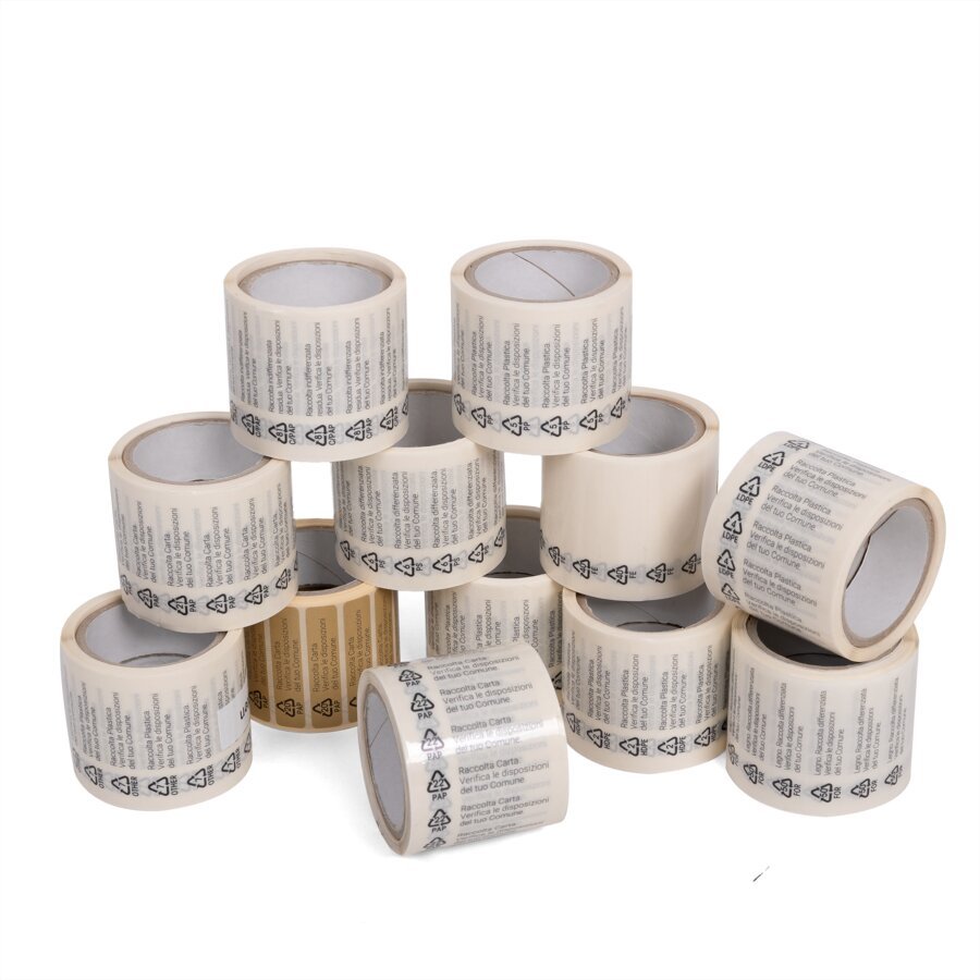 500 bzw. 100 Etiketten auf Rolle Sammelaufnahme Umweltetiketten auf Rolle, italienisch