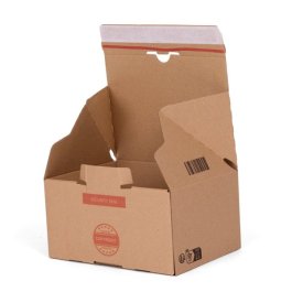 Geöffneter Karton mit Sicherheitsverschluss - ideal für sicheren Versand Geöffneter Versandkarton mit Sicherheitsverschluss