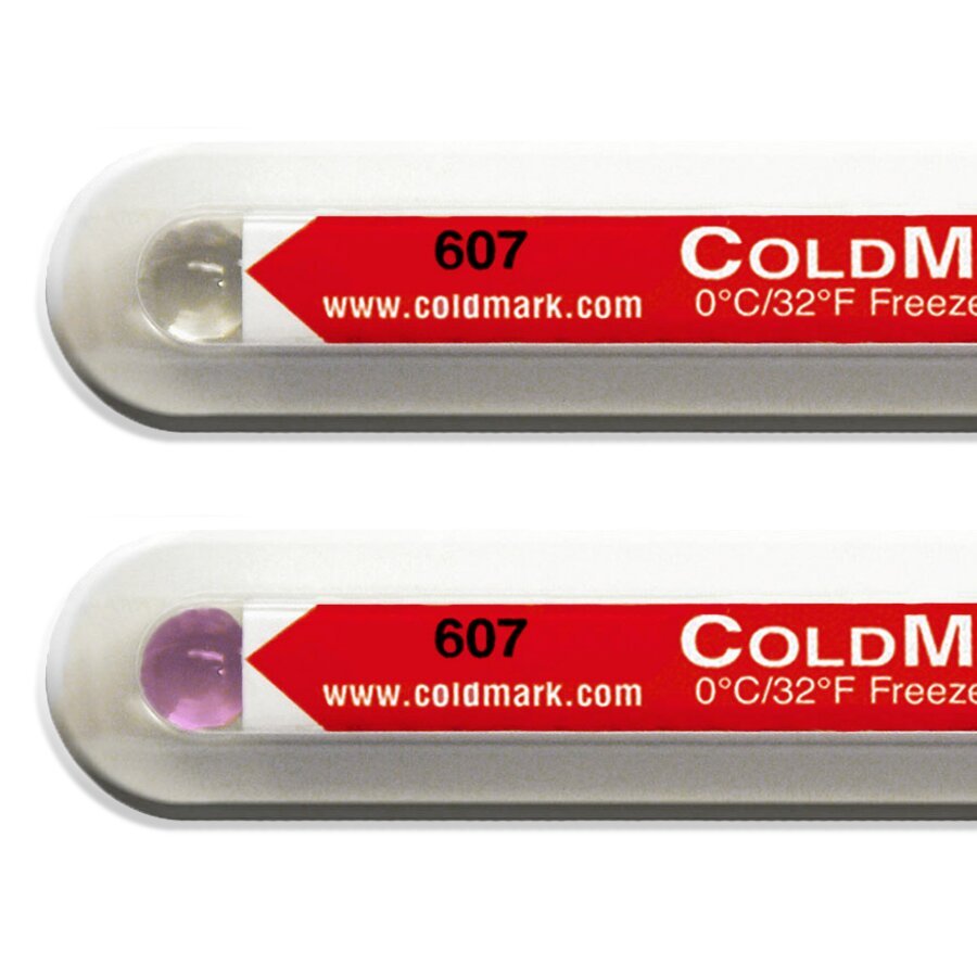 Violette Verfärbung: Der Indikator war Temperaturen unterhalb des gewählten Grenzwertes ausgesetzt Violette Verfärbung: Der Indikator war Temperaturen unterhalb des gewählten Grenzwertes ausgesetzt