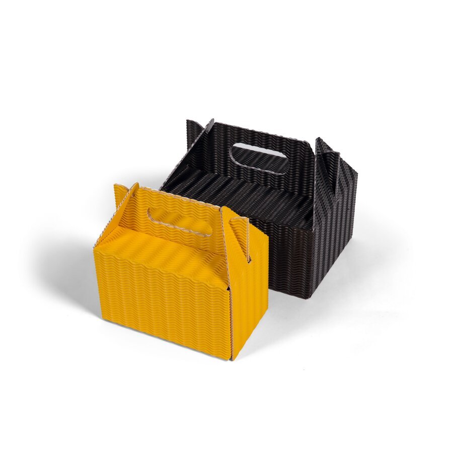 Praktischer Trage-Karton aus stabiler Deko-Wellpappe Praktischer Trage-Karton aus stabiler Deko-Wellpappe